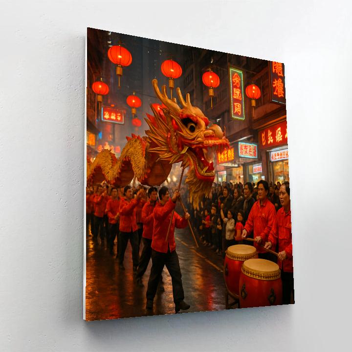 Lunar New Year Dragon Dance In Hong Kong Street paint by color