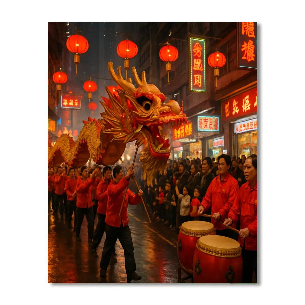 Lunar New Year Dragon Dance In Hong Kong Street paint by color