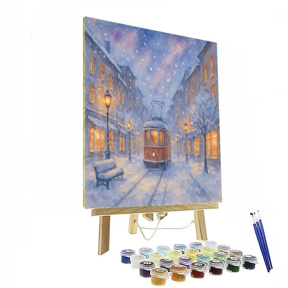 Snowy Tram Street Under Cosmic Glow Paint by numbers art