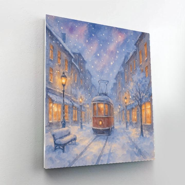 Snowy Tram Street Under Cosmic Glow Paint by numbers art