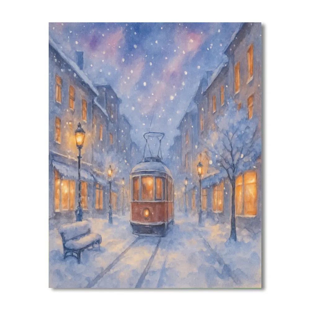 Snowy Tram Street Under Cosmic Glow Paint by numbers art