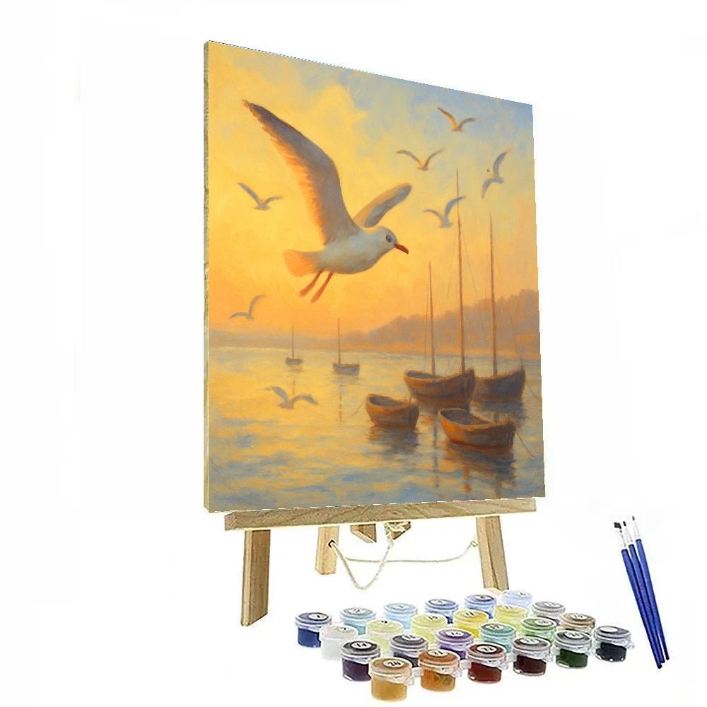 Harbor Dawn Gulls Above Sleeping Boats Paint by numbers art