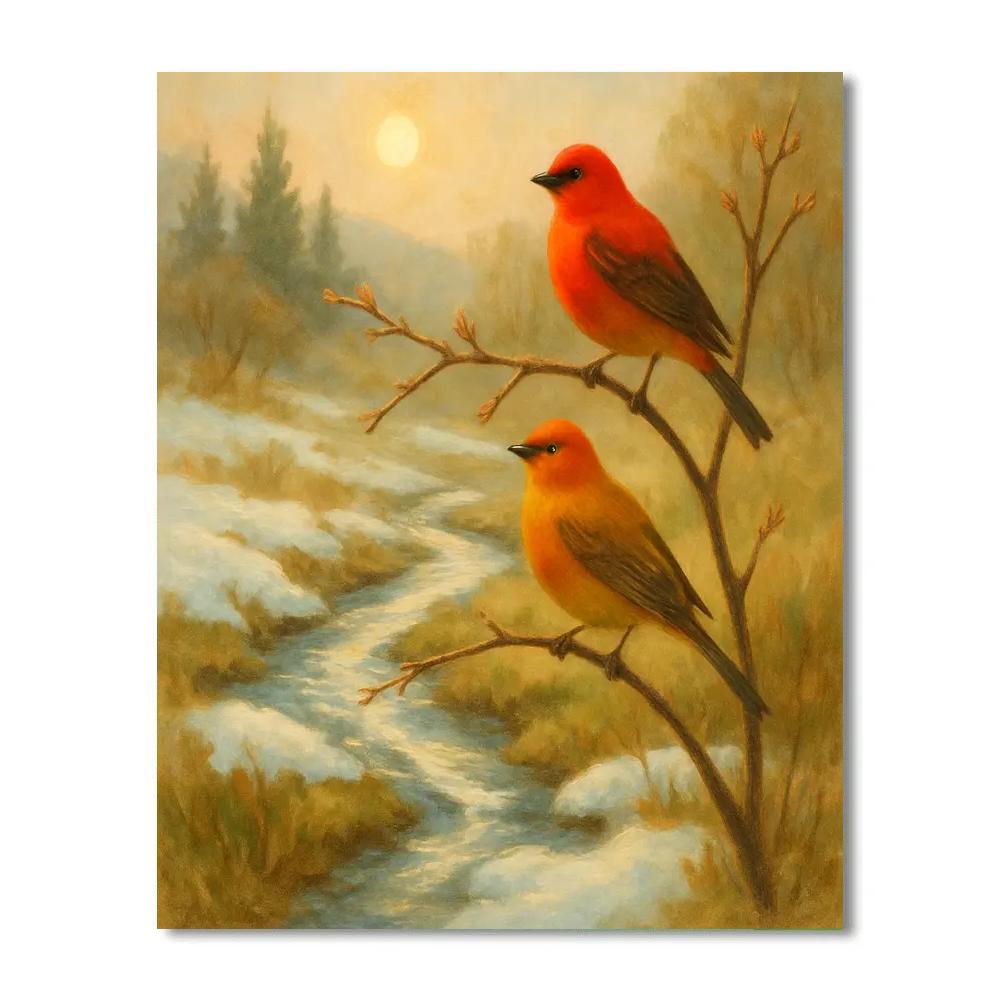 Snowmelt Stream Tanagers In Early Spring paint by number