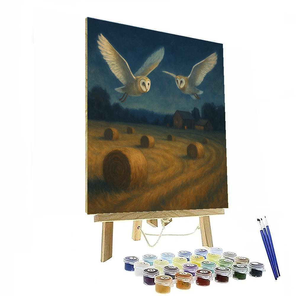 Moonlit Barn Owls Over The Hayfield paint by color