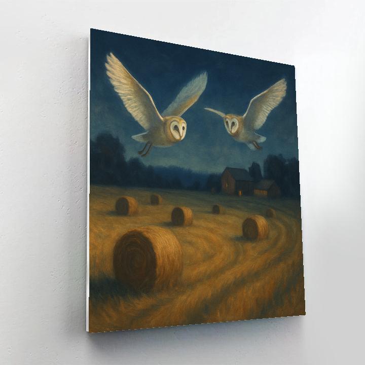 Moonlit Barn Owls Over The Hayfield paint by color