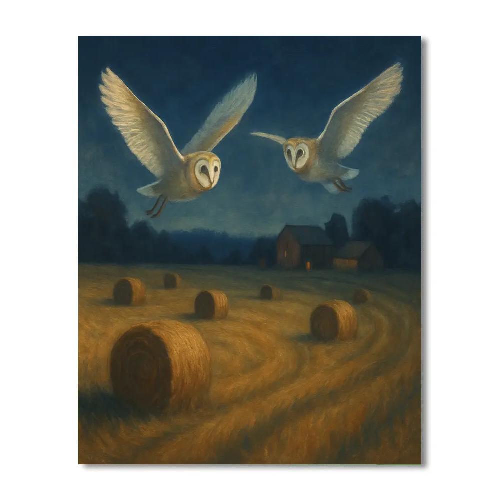 Moonlit Barn Owls Over The Hayfield paint by color