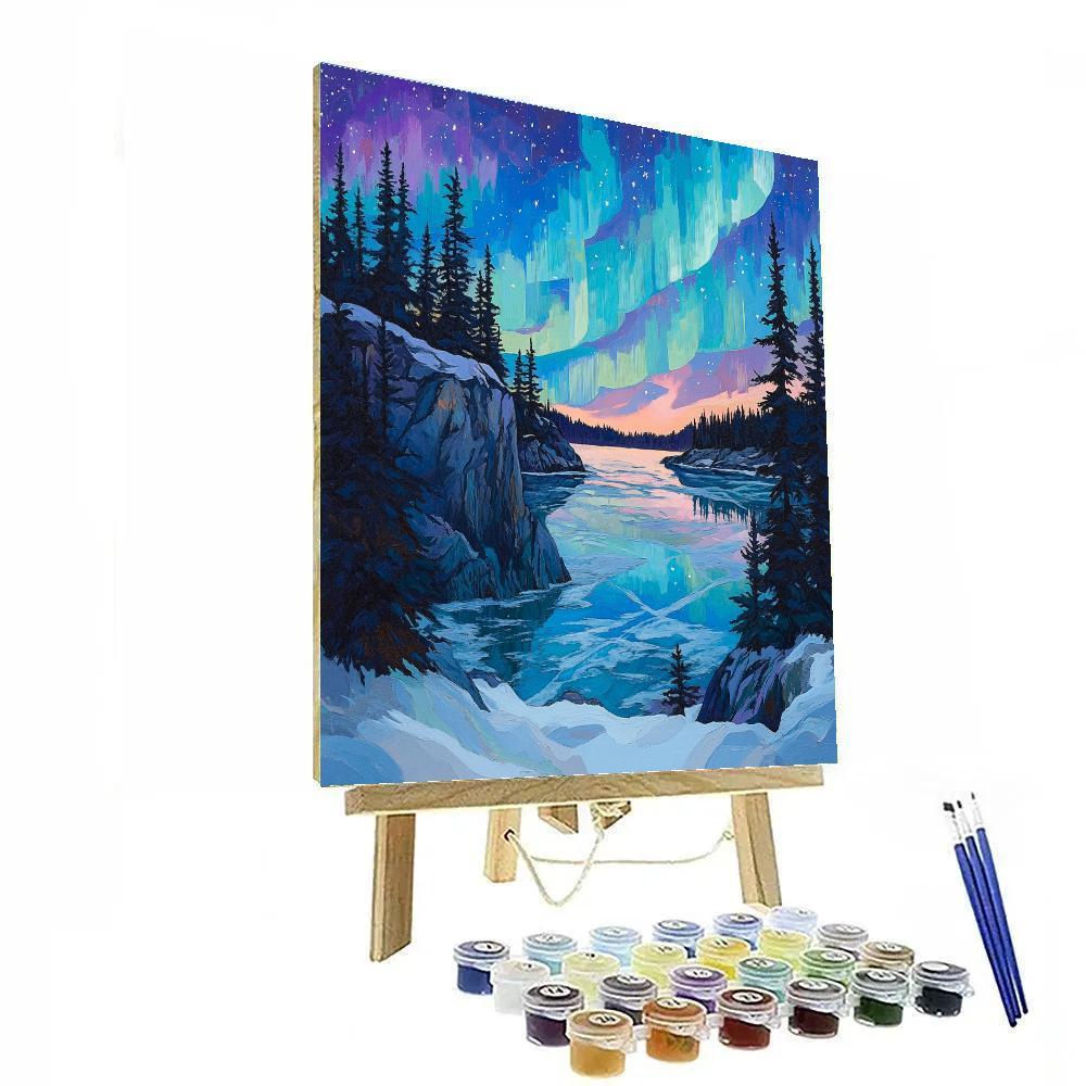 A.Y. Jackson Inspired Winter Aurora Over Shield Pines paint by number