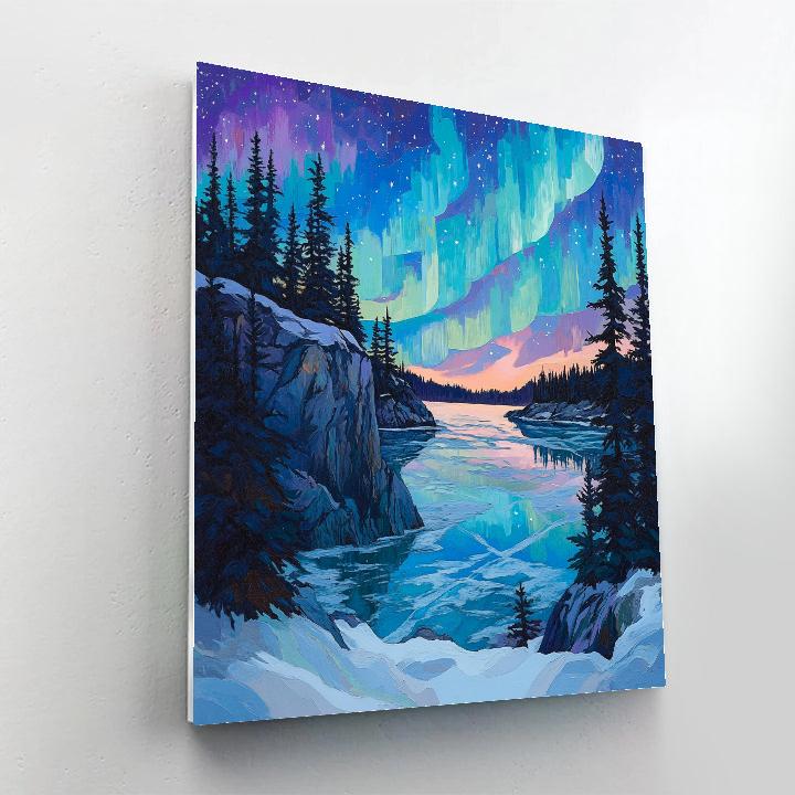 A.Y. Jackson Inspired Winter Aurora Over Shield Pines paint by number