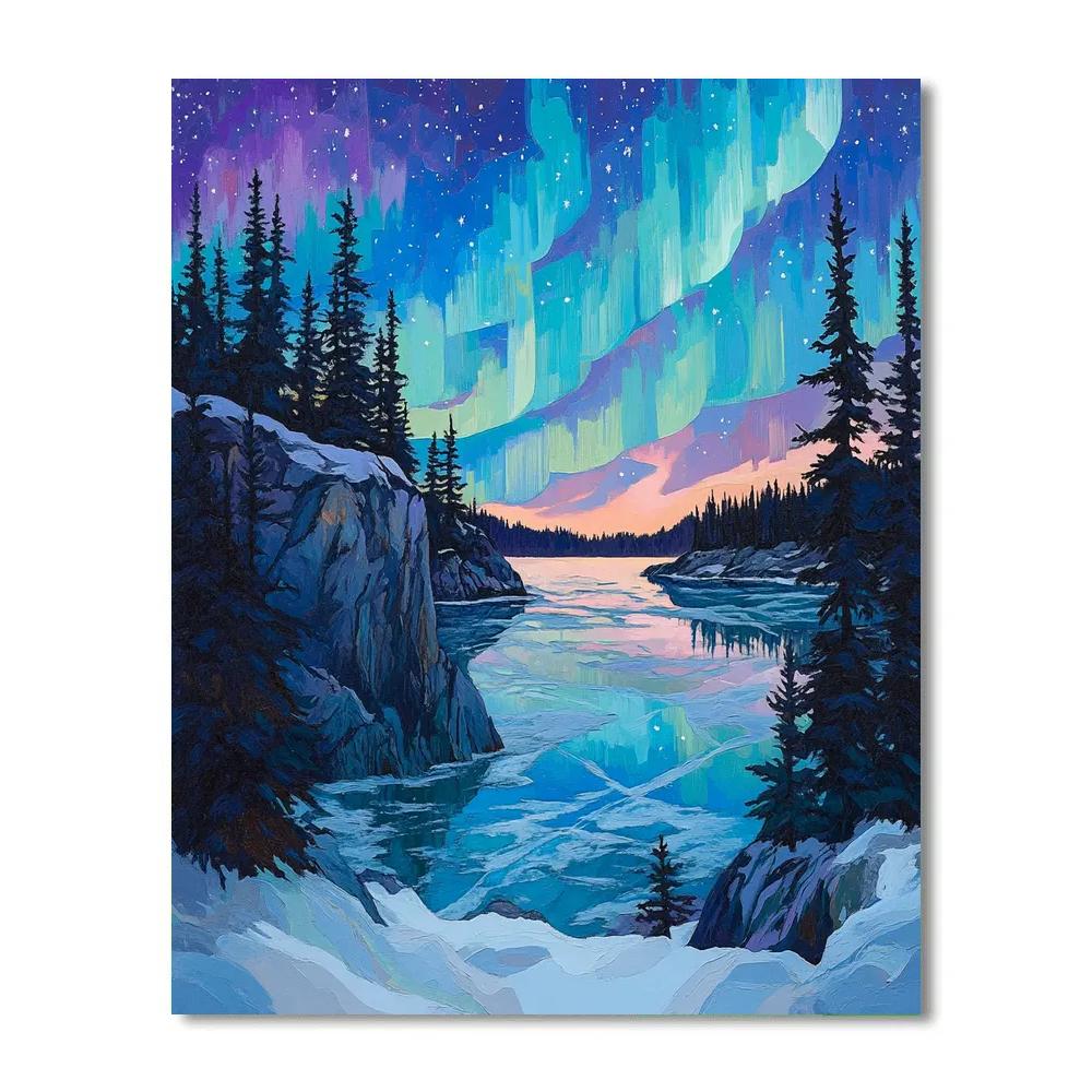 A.Y. Jackson Inspired Winter Aurora Over Shield Pines paint by number