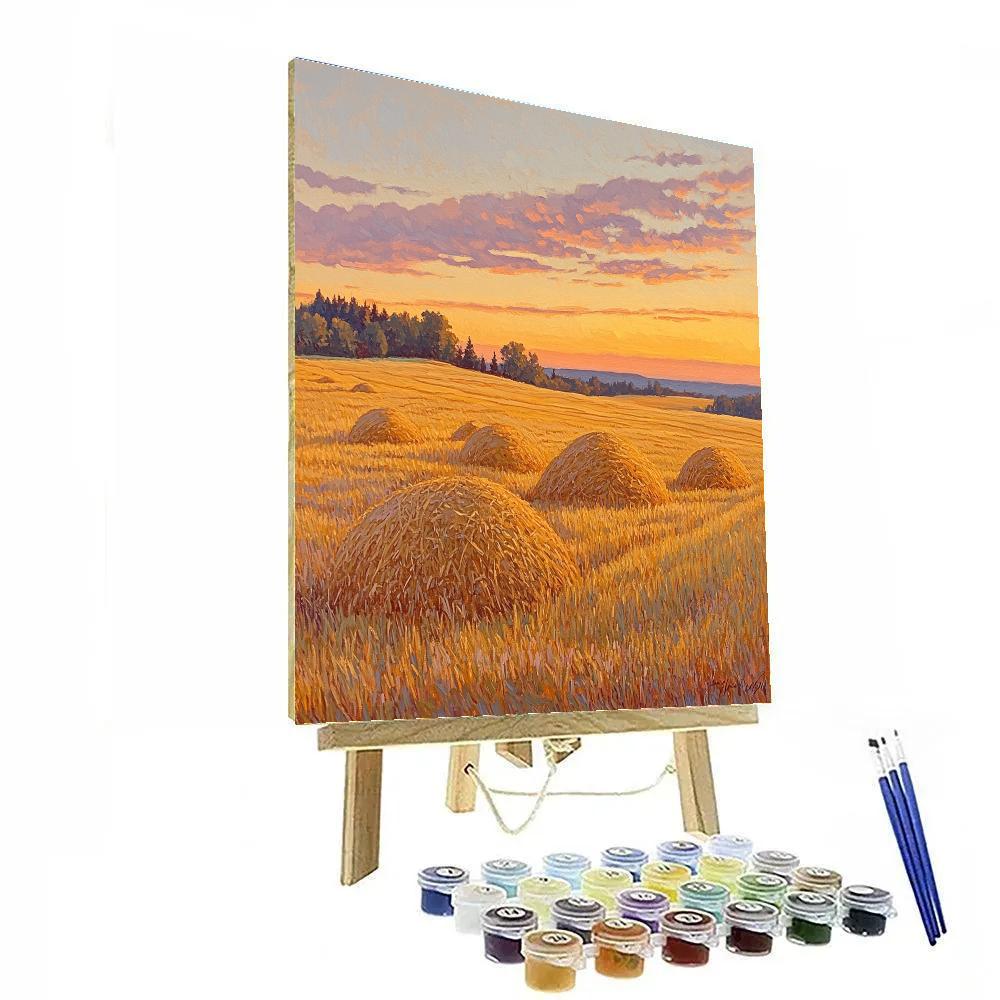 Claude Monet Inspired Golden Hayfield At Sunset paint by number