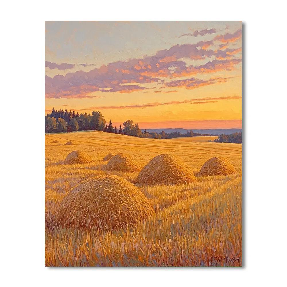 Claude Monet Inspired Golden Hayfield At Sunset paint by number