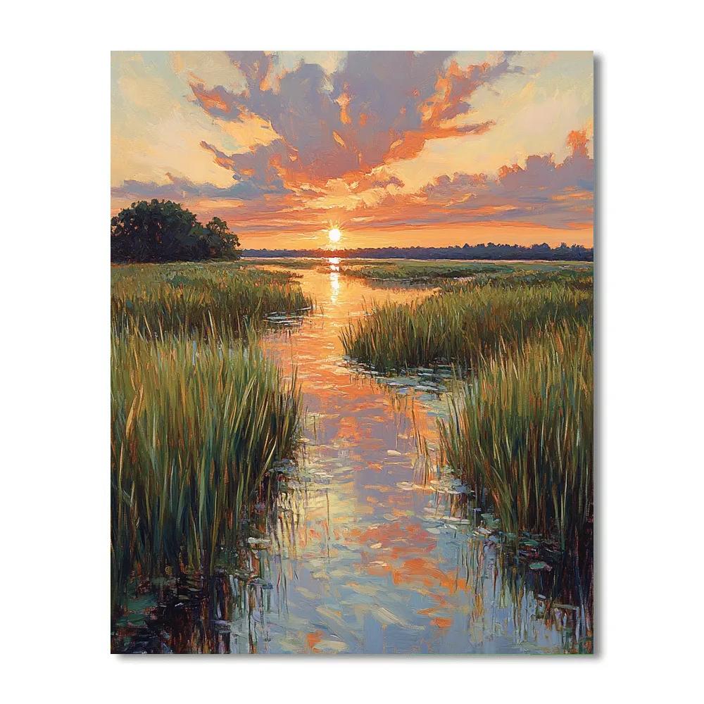 Claude Monet Inspired Sunset Over Reeds And Marsh Numbered painting kits