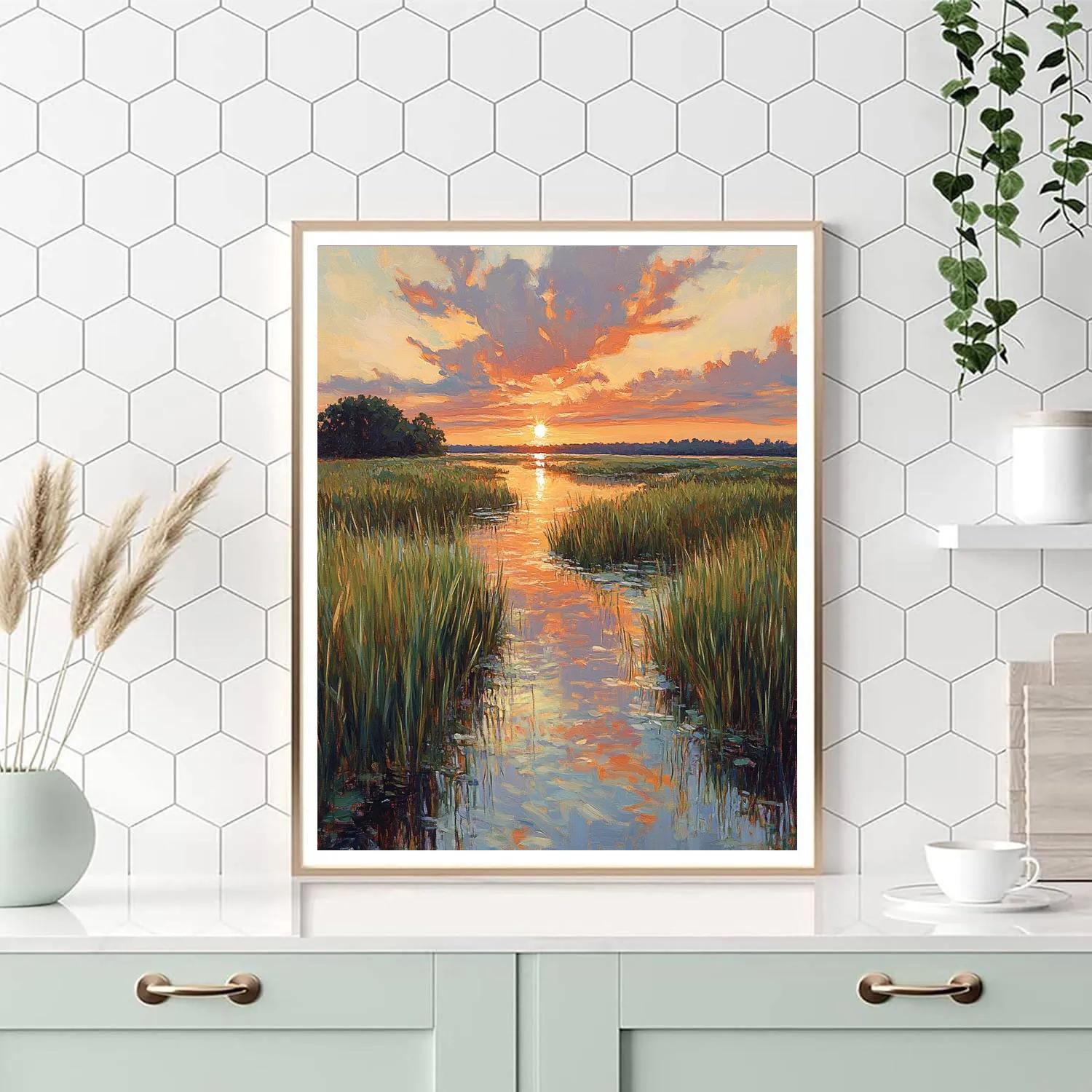 Claude Monet Inspired Sunset Over Reeds And Marsh Numbered painting kits