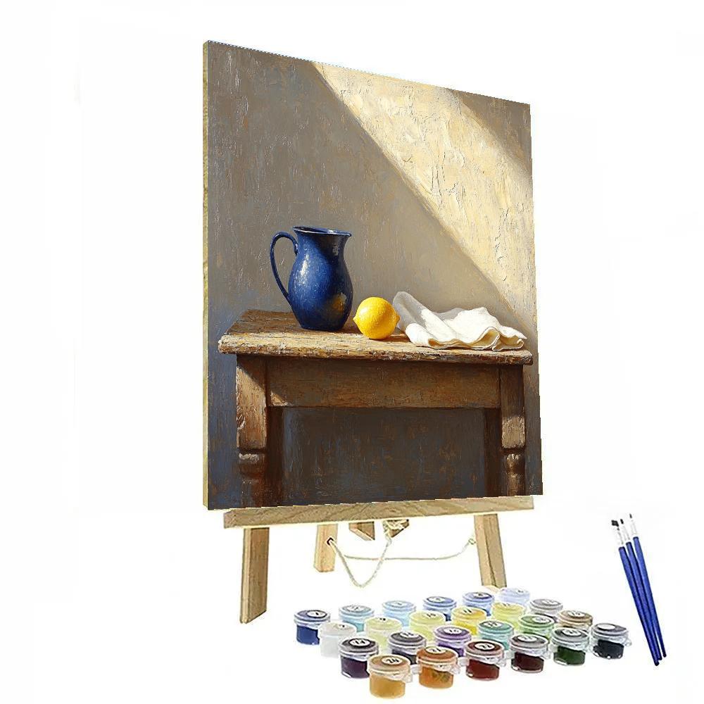 Johannes Vermeer Inspired Quiet Delft Table With Blue Jug And Lemon paint by color