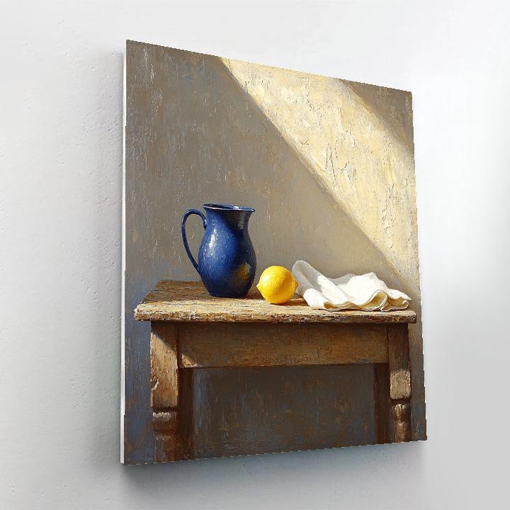 Johannes Vermeer Inspired Quiet Delft Table With Blue Jug And Lemon paint by color