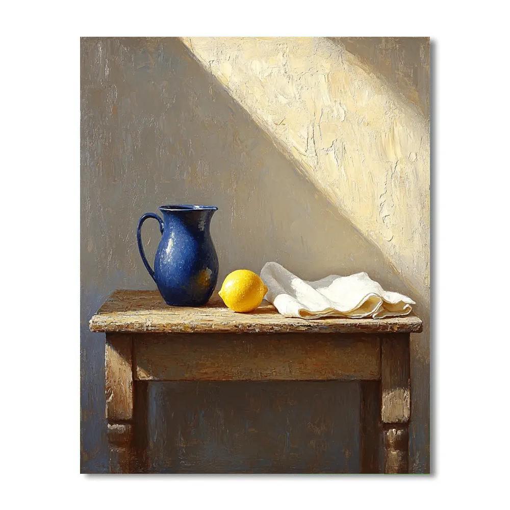 Johannes Vermeer Inspired Quiet Delft Table With Blue Jug And Lemon paint by color
