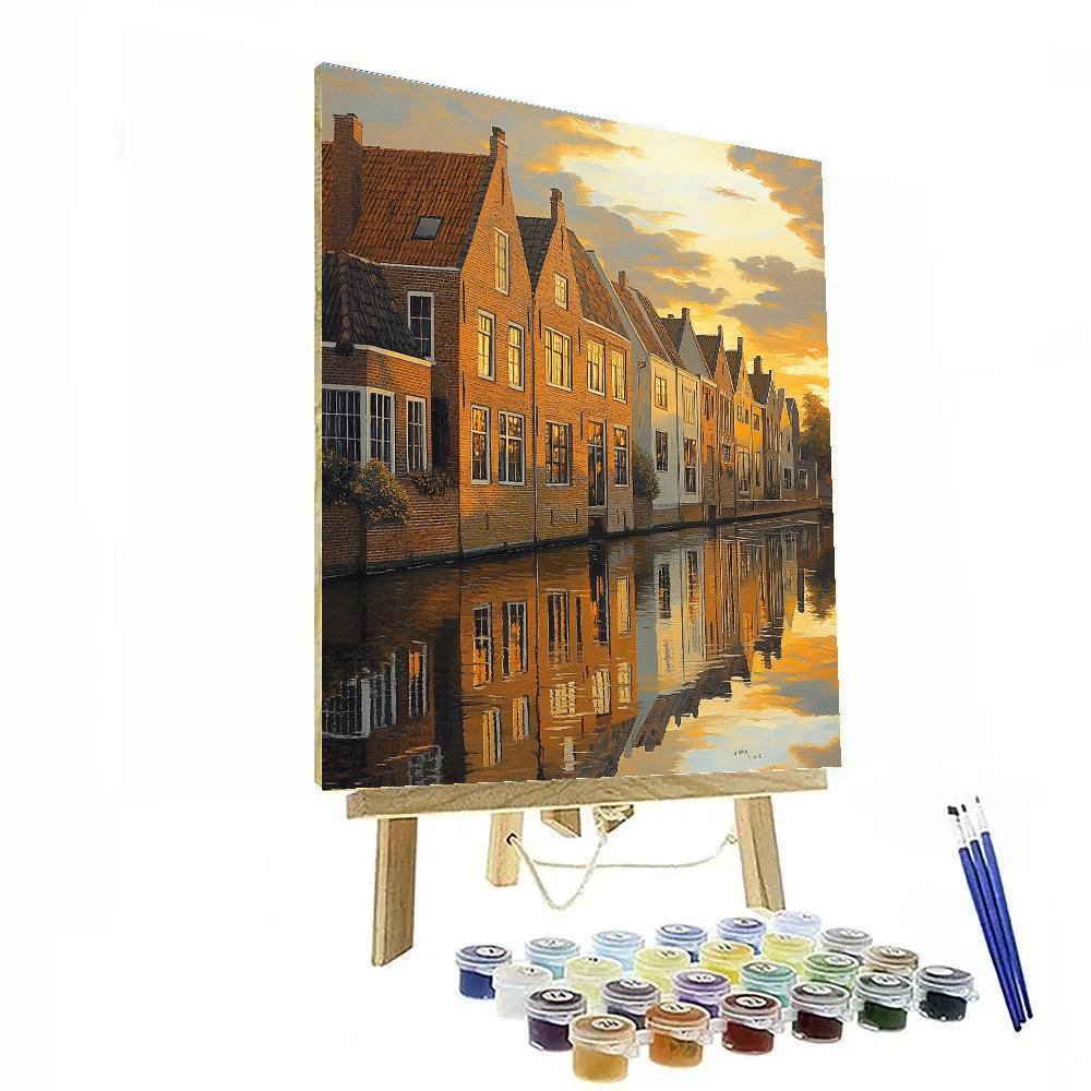 Johannes Vermeer Inspired Delft Canal Facades In Late Golden Glow paint by number