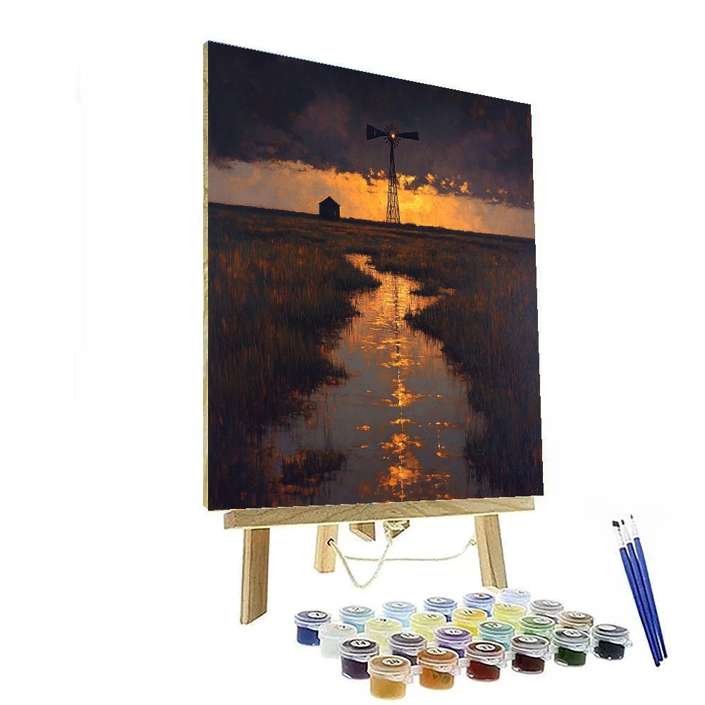 Rembrandt Inspired Twilight Windmill Beyond Luminous Marsh paint by numbers