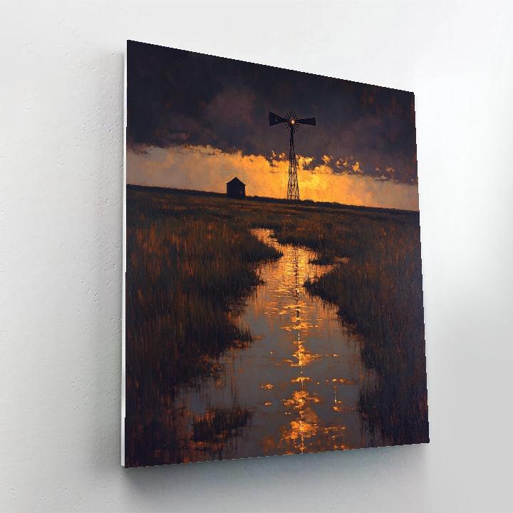 Rembrandt Inspired Twilight Windmill Beyond Luminous Marsh paint by numbers