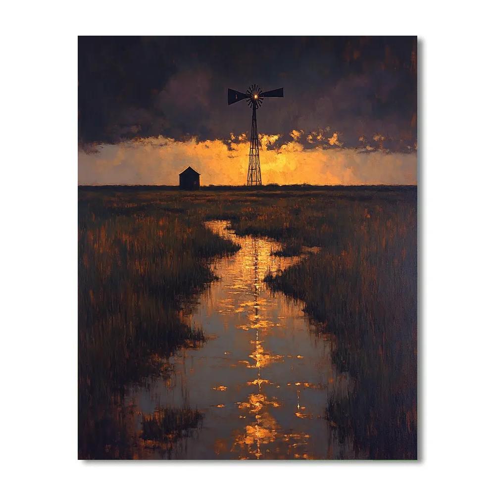 Rembrandt Inspired Twilight Windmill Beyond Luminous Marsh paint by numbers