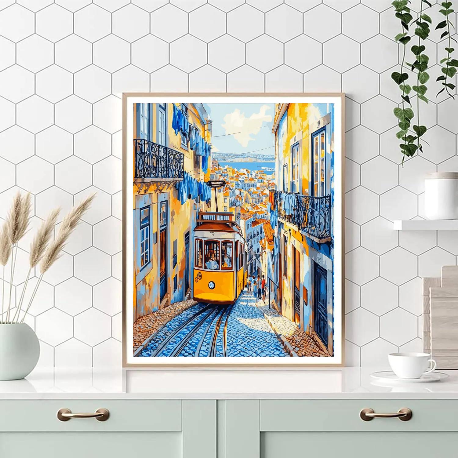 Lisbon Tram On Steep Street Lisbon Portugal Number painting