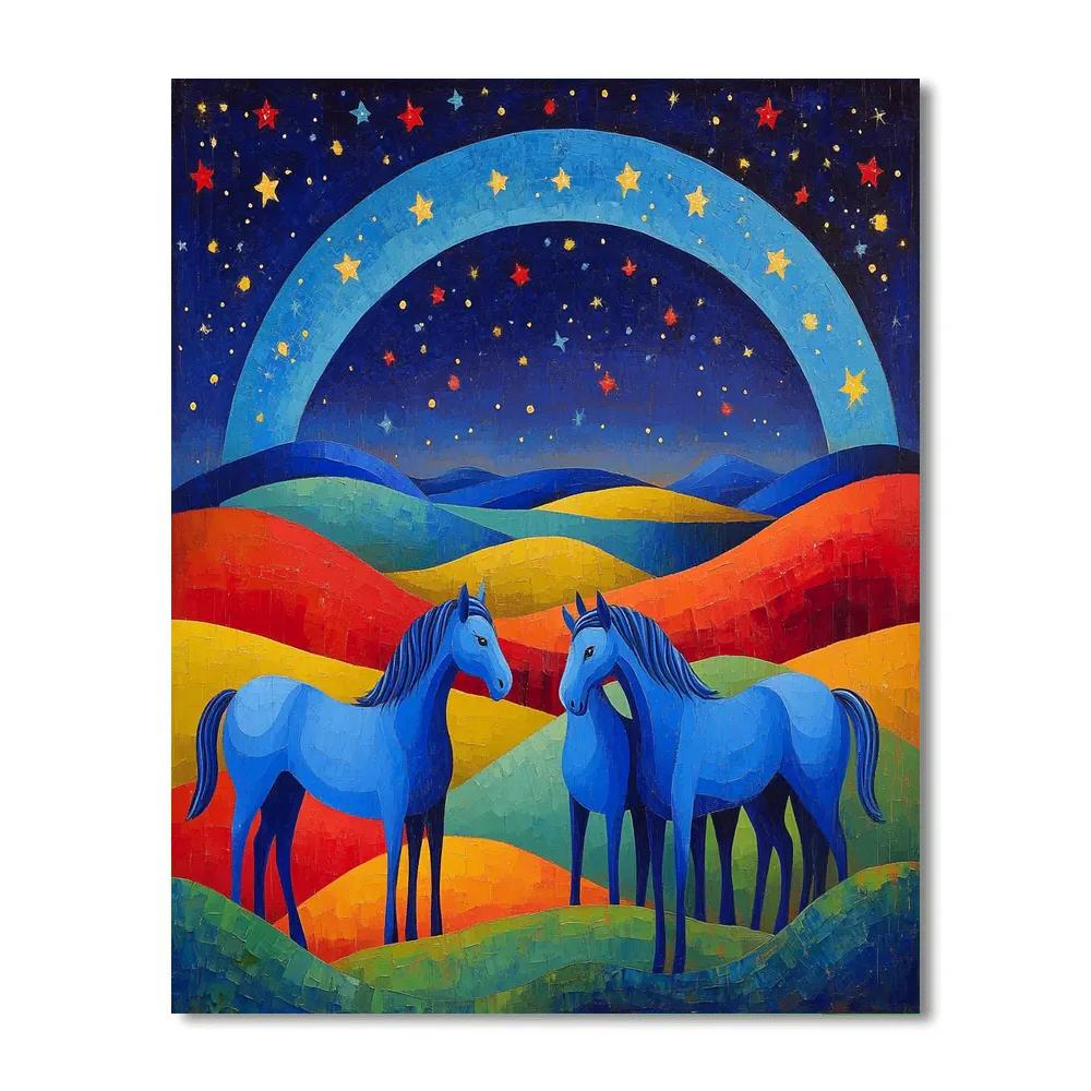 Franz Marc Inspired Blue Horses Under Stars paint by number