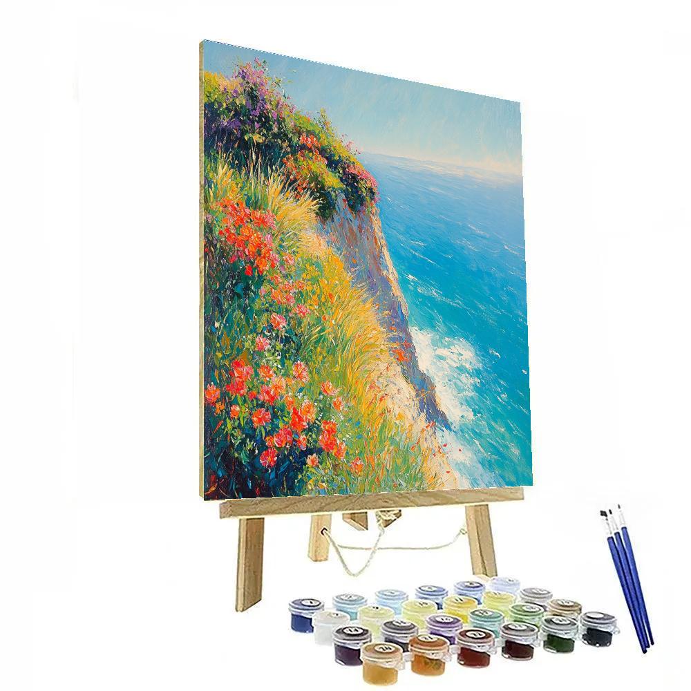 Claude Monet Inspired Sunlit Cliff Garden Above Sea Numbered painting kits
