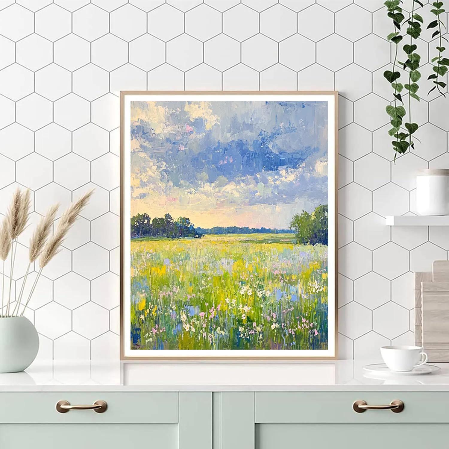 Claude Monet Inspired Spring Meadow Under Rainy Sky Number painting