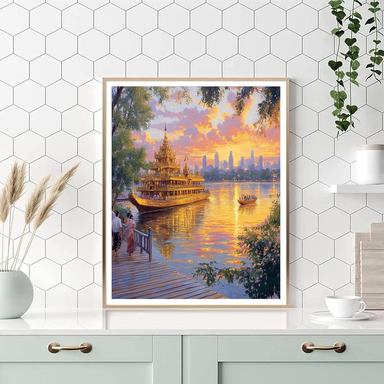 Shwedagon Inspired Sunset Over Kandawgyi Lake Yangon Myanmar paint by numbers