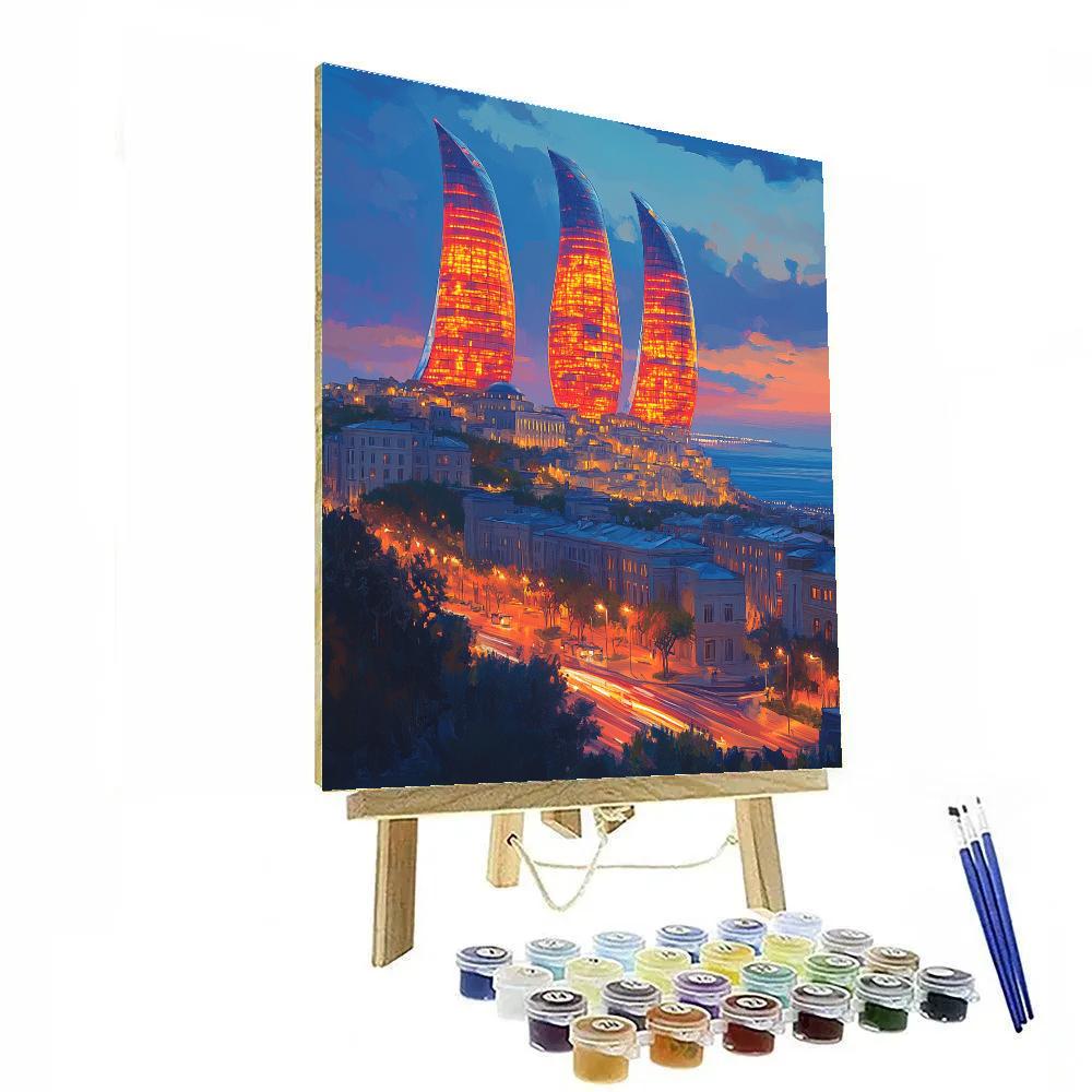 Baku Flame Towers Evening Silhouette Baku Azerbaijan painting number kit