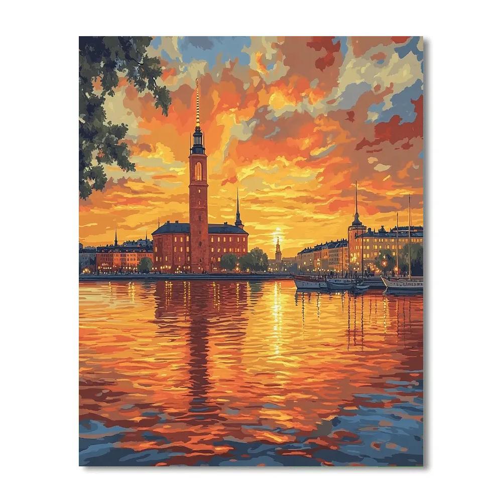 Stockholm City Hall Waterfront Silhouette Stockholm Sweden painting number kit