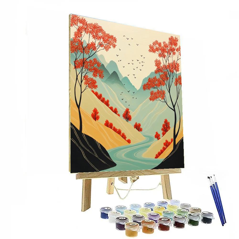 Hokusai Inspired Autumn Mountain Valley paint by number