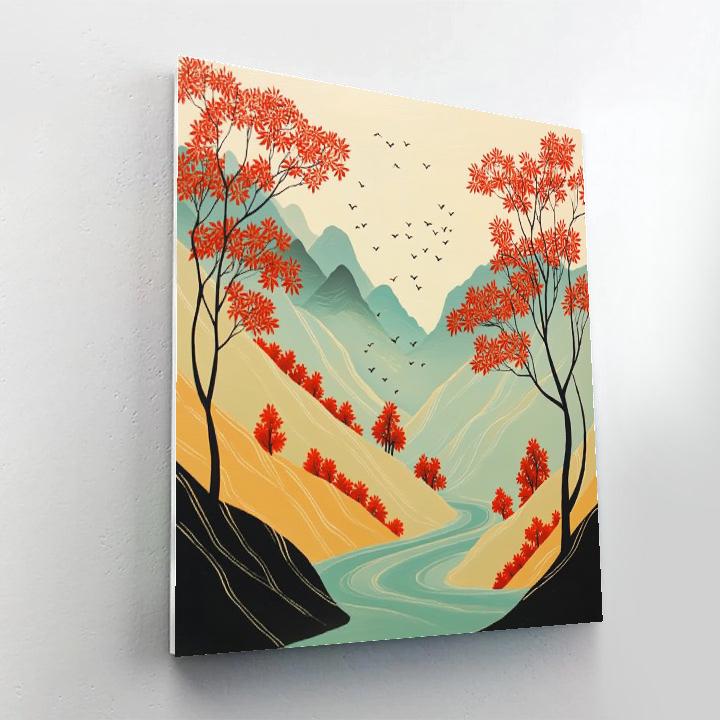 Hokusai Inspired Autumn Mountain Valley paint by number