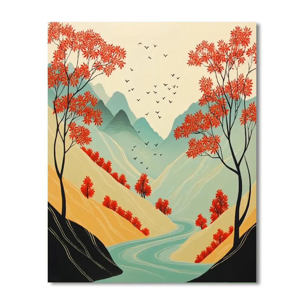 Hokusai Inspired Autumn Mountain Valley paint by number