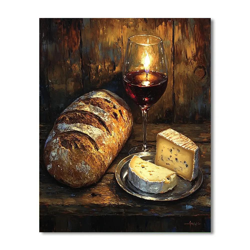 Rembrandt Inspired Candlelit Wine And Bread Still Life paint by numbers