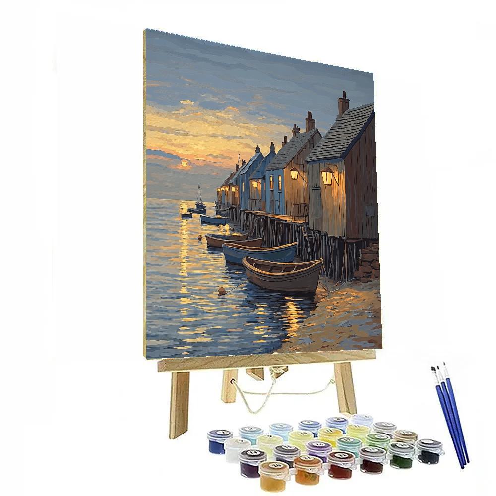 Hokusai Inspired Coastal Fishing Village At Dusk Painting by numbers kit
