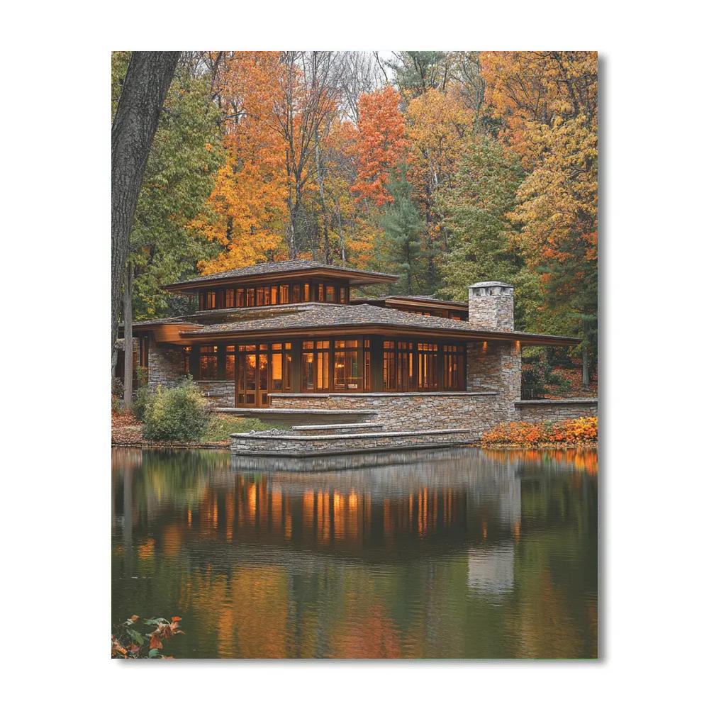 Frank Lloyd Wright Inspired Lakeside Autumn Retreat Paint by numbers kits