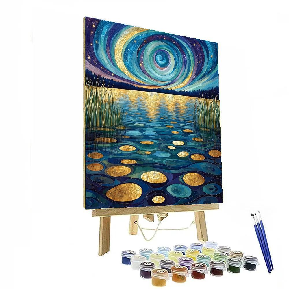 Gustav Klimt Inspired Spiral Aurora Over Lake Numbered painting kits