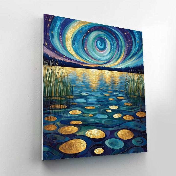 Gustav Klimt Inspired Spiral Aurora Over Lake Numbered painting kits