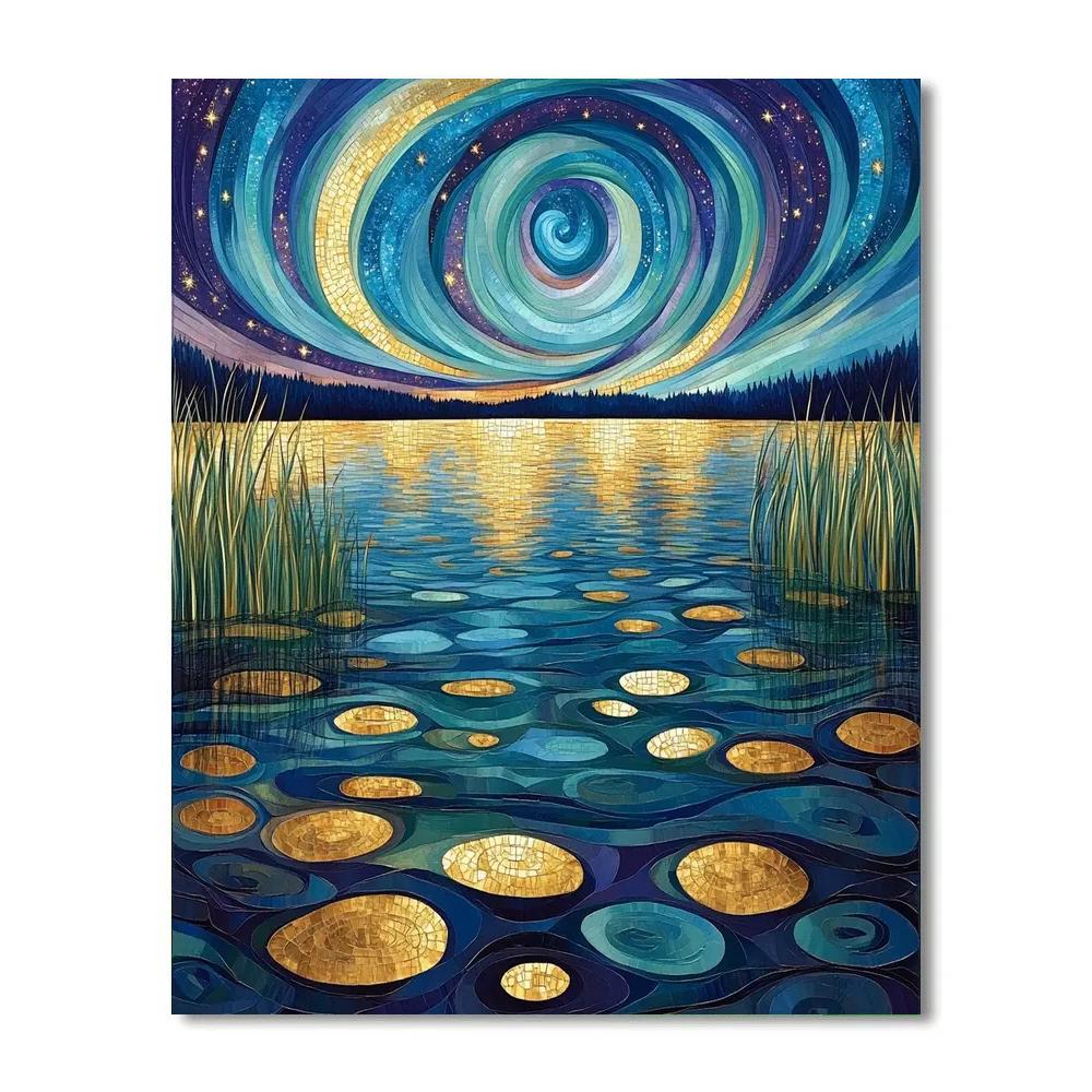 Gustav Klimt Inspired Spiral Aurora Over Lake Numbered painting kits