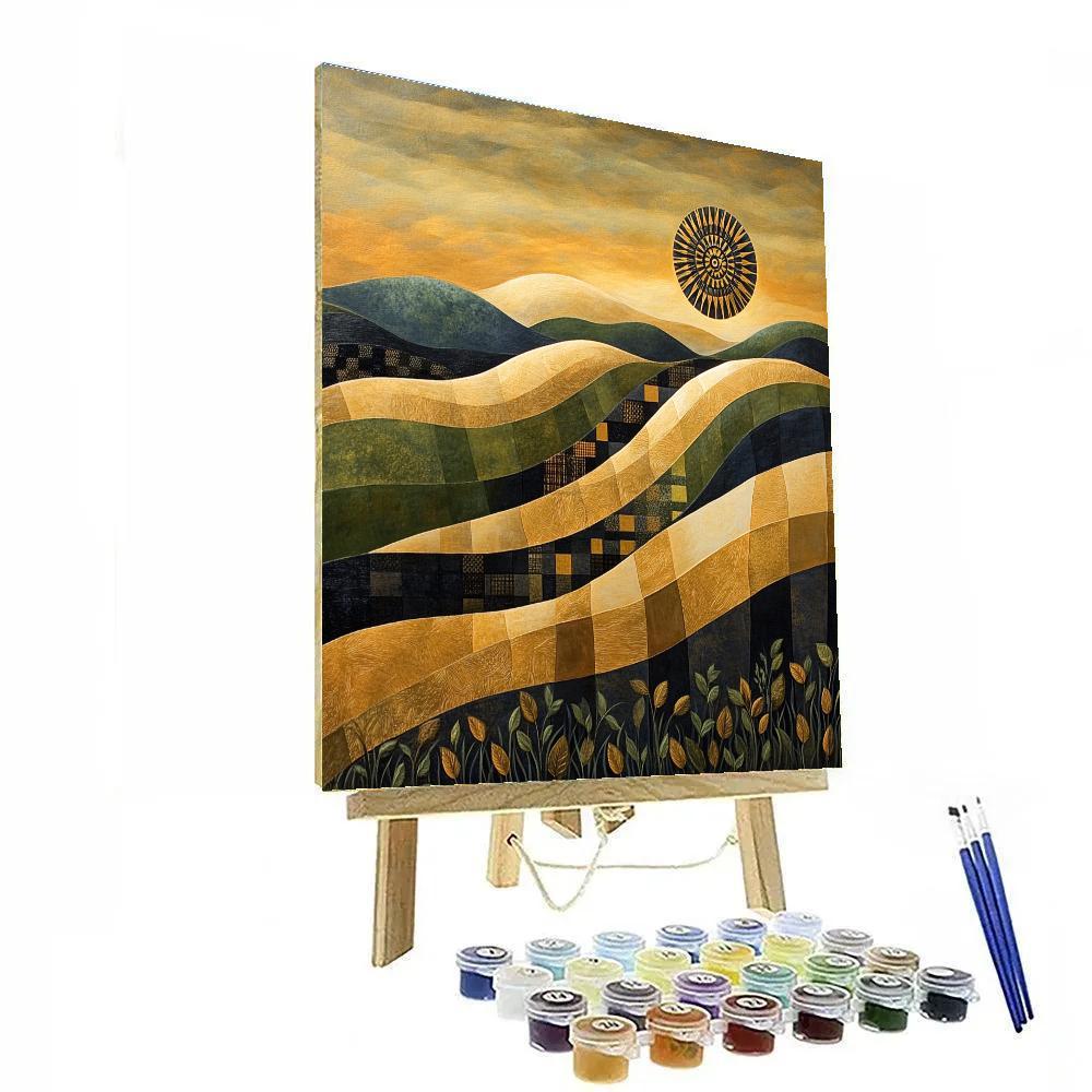 Gustav Klimt Inspired Sunlit Hills In Gold Pattern Numbered painting kits