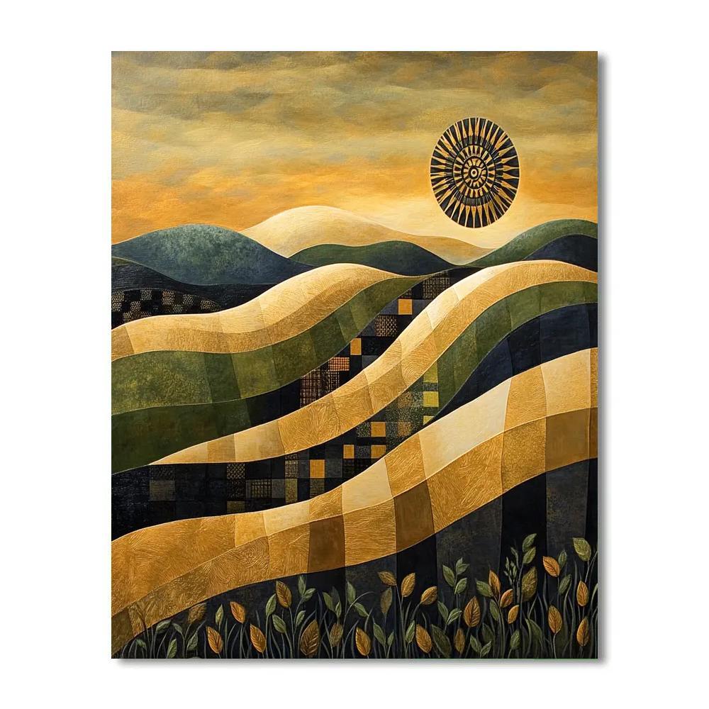 Gustav Klimt Inspired Sunlit Hills In Gold Pattern Numbered painting kits