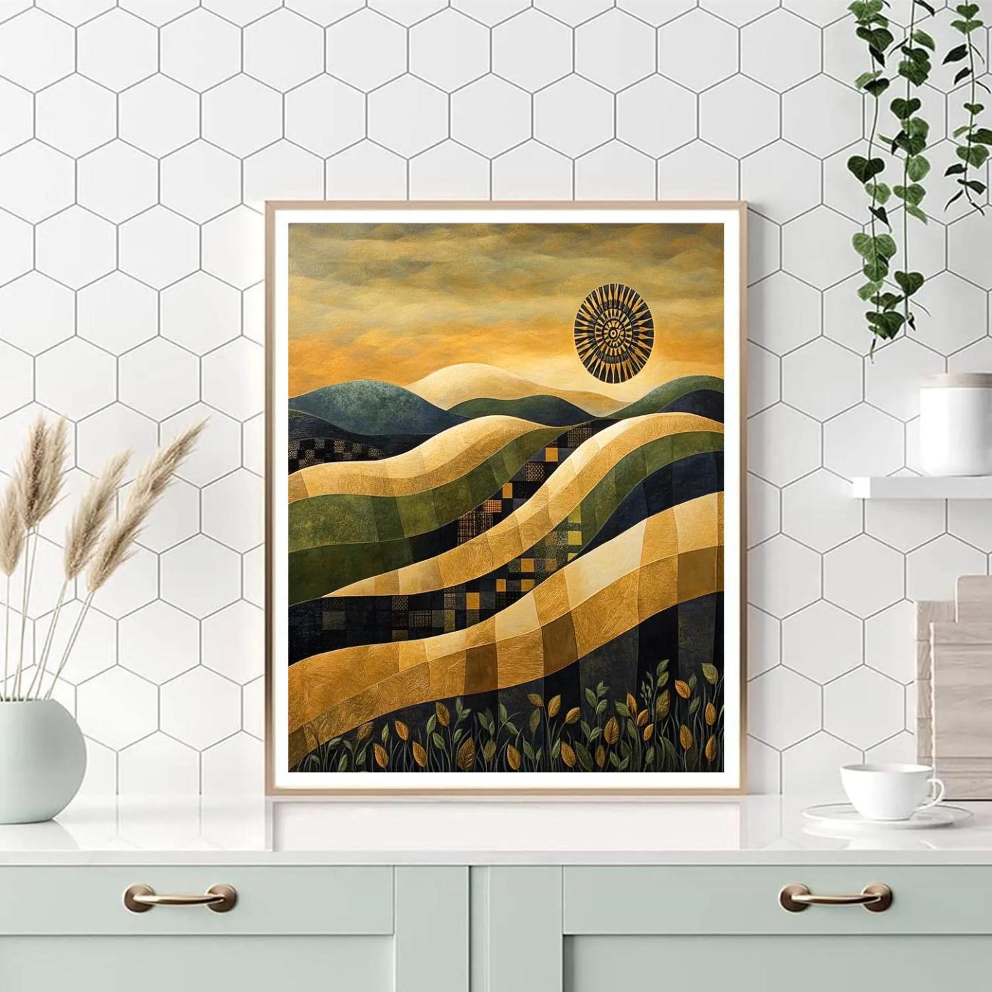 Gustav Klimt Inspired Sunlit Hills In Gold Pattern Numbered painting kits