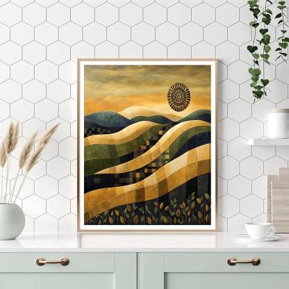 Gustav Klimt Inspired Sunlit Hills In Gold Pattern Numbered painting kits