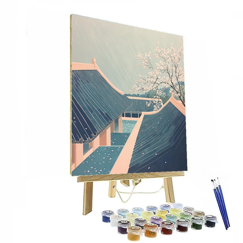 Hokusai Inspired Spring Rain Over Temple Roofs painting number kit