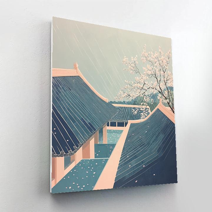 Hokusai Inspired Spring Rain Over Temple Roofs painting number kit