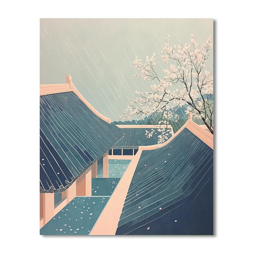 Hokusai Inspired Spring Rain Over Temple Roofs painting number kit