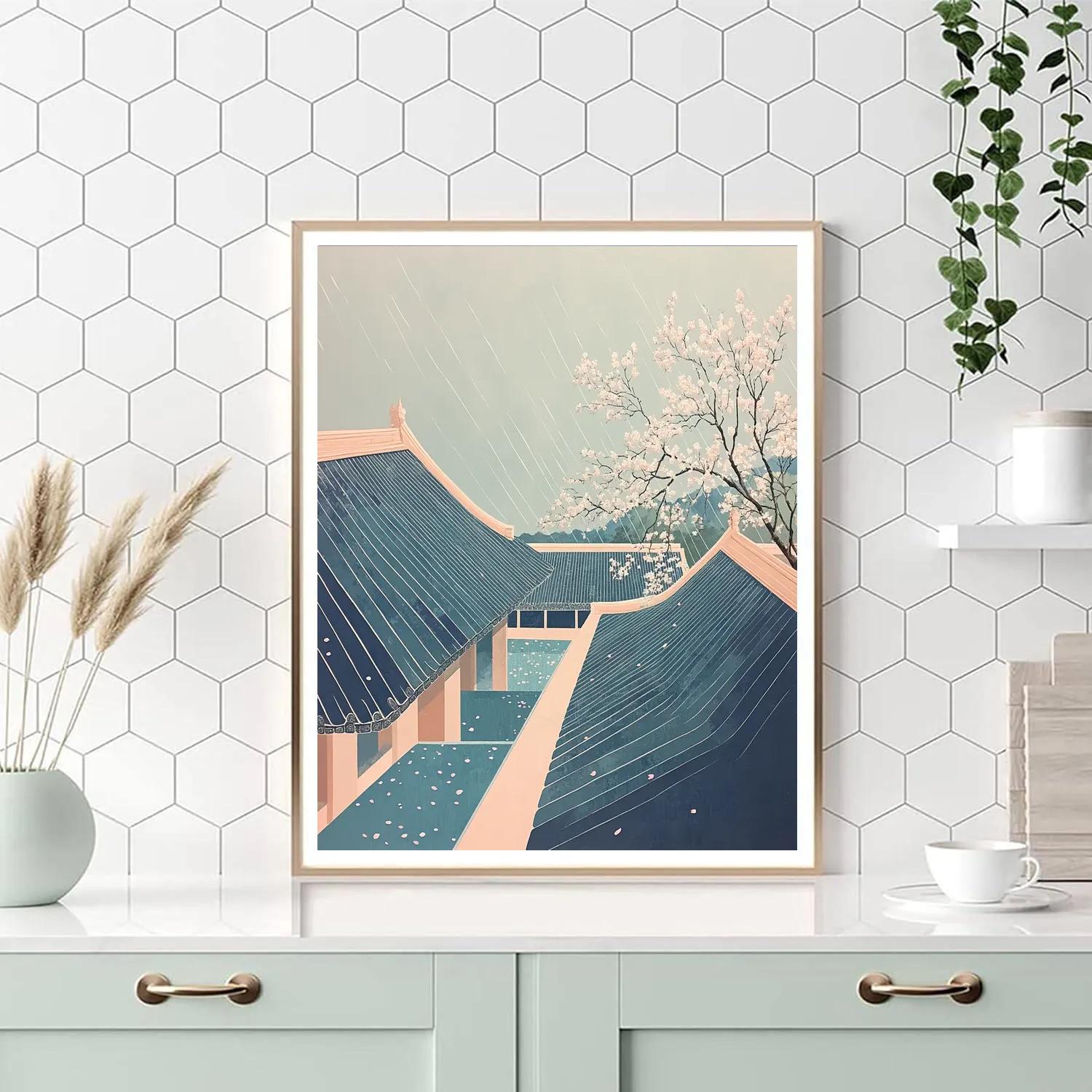 Hokusai Inspired Spring Rain Over Temple Roofs painting number kit