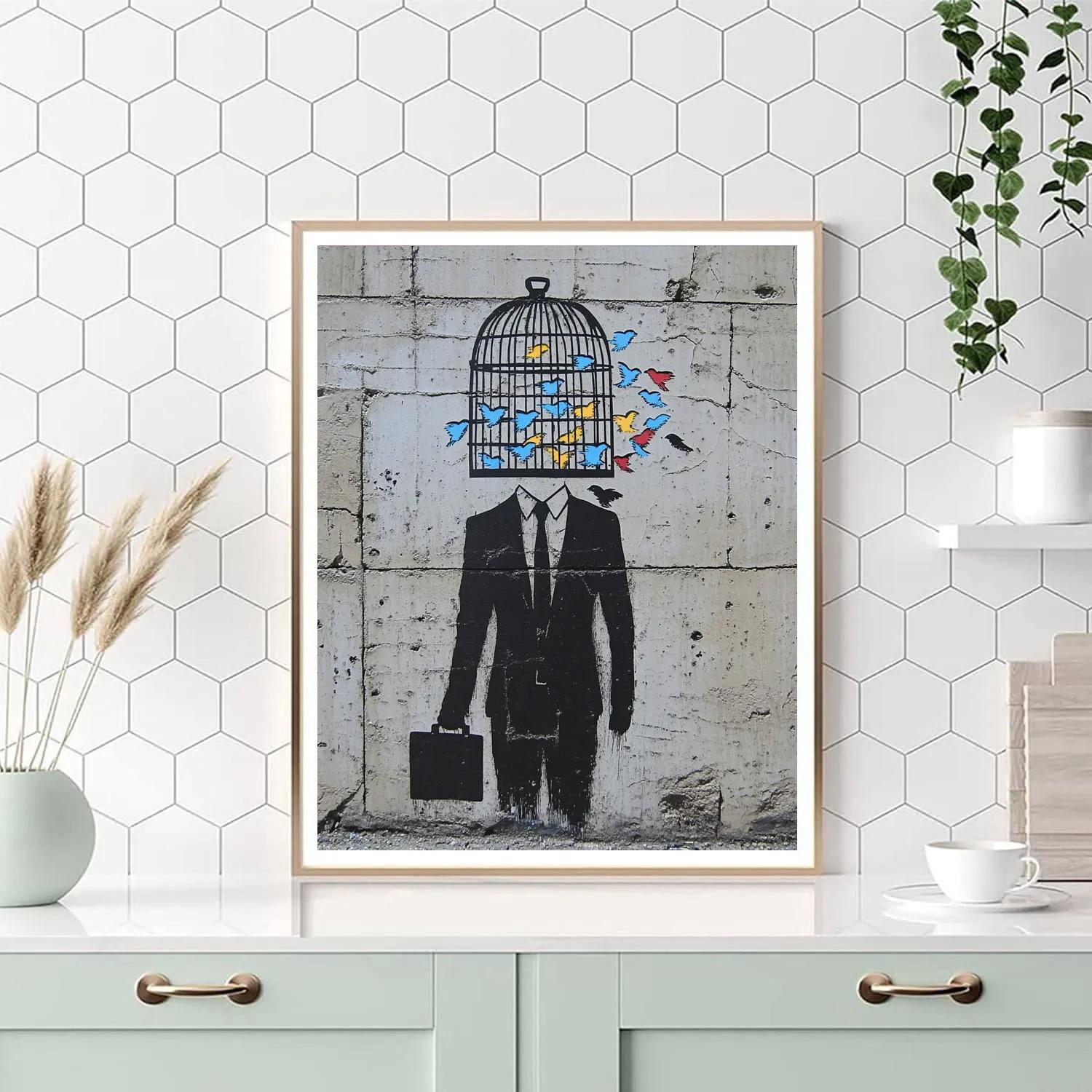 Banksy Inspired Office Worker With Birdcage Head Number painting