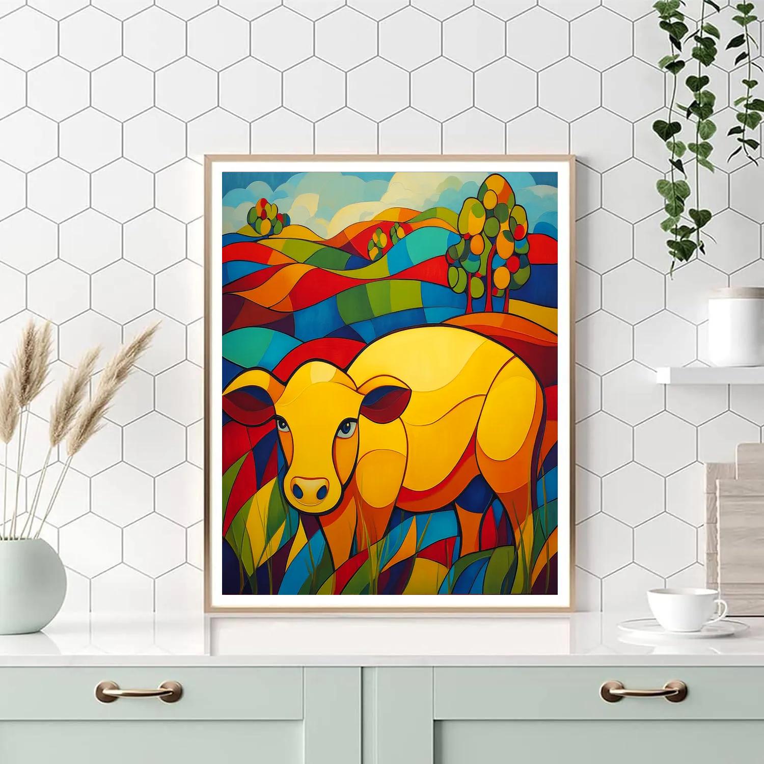 Franz Marc Inspired Yellow Cow In Red Meadow Number painting
